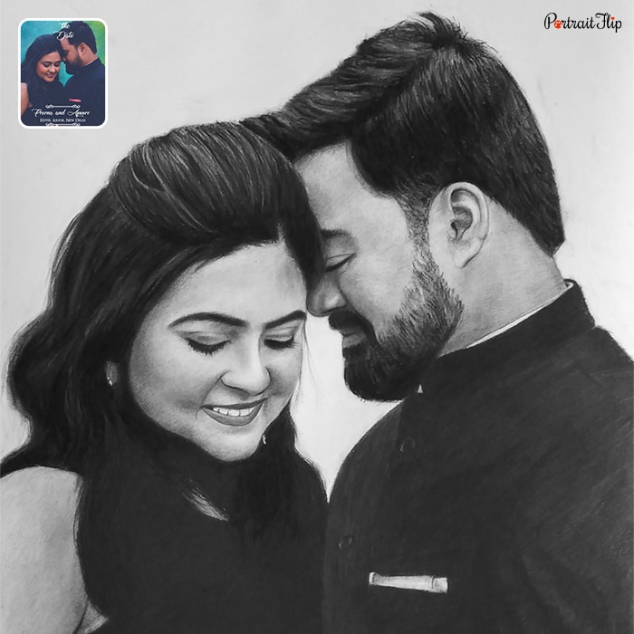 A picture of a man and a woman embracing each other which is converted into charcoal wedding painting