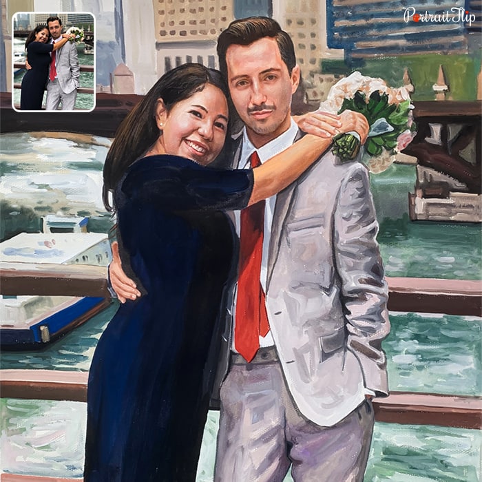 A watercolor wedding painting where a woman is giving a side hug to the man.