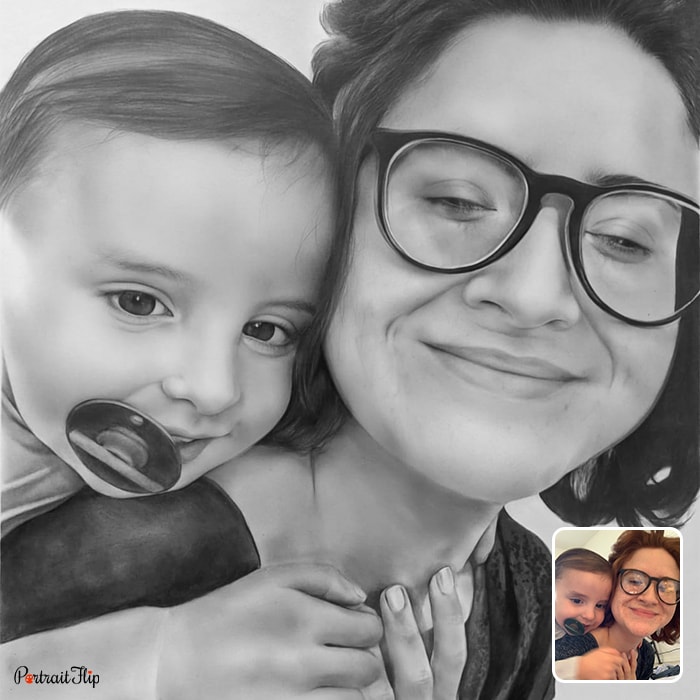 Black and white picture of a woman with a baby boy on her back