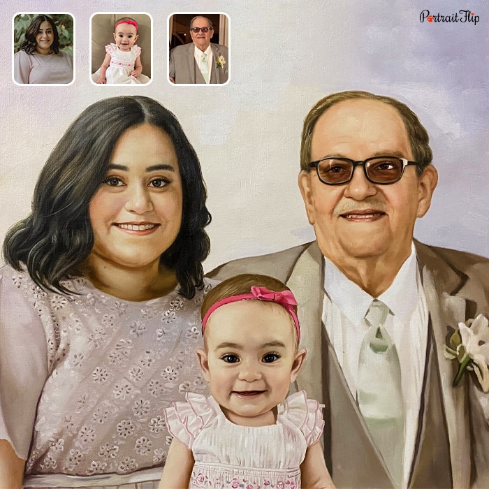 Compilation picture where a baby girl is placed in between a woman and an old man
