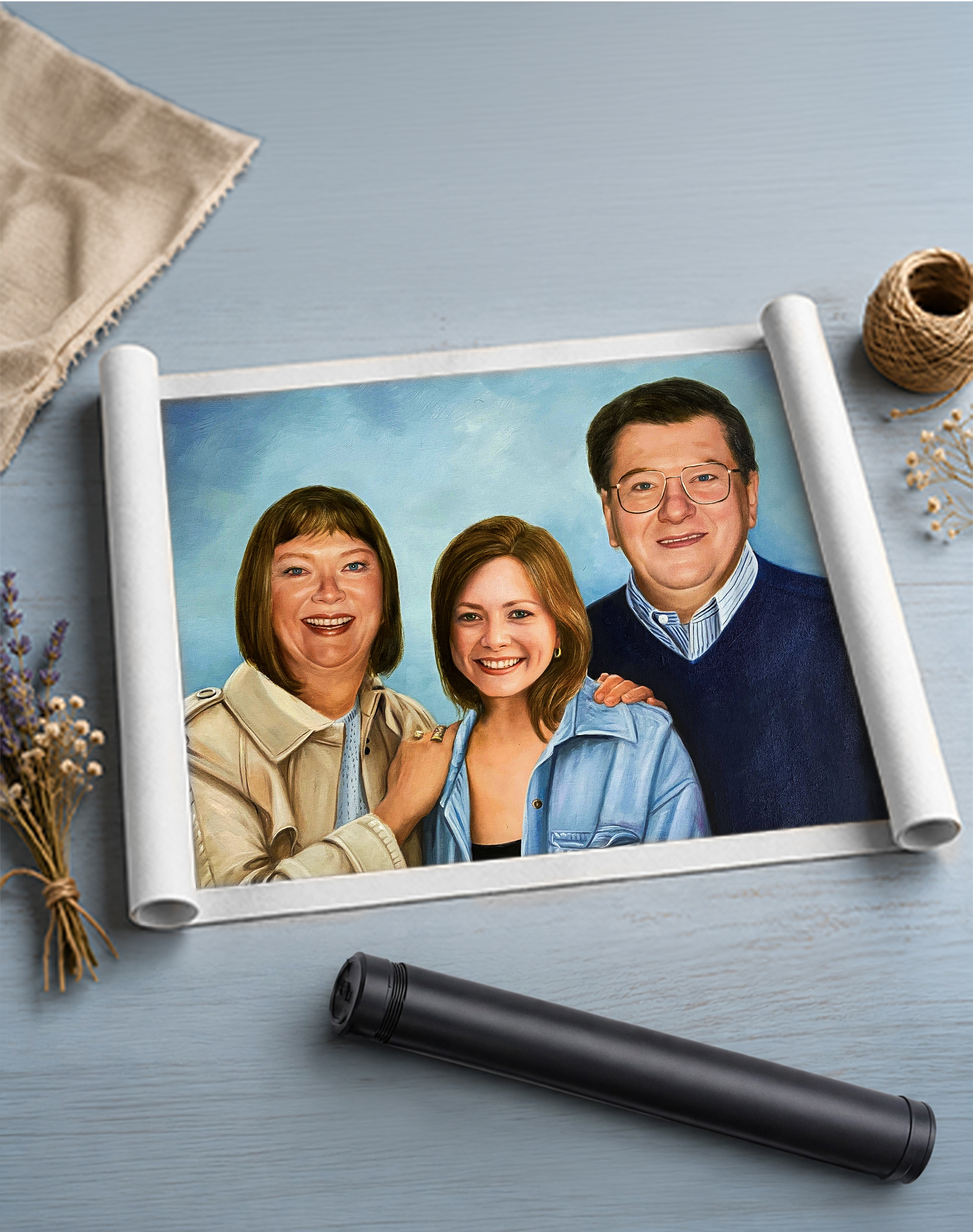 Rolled oil painting portrait of a family