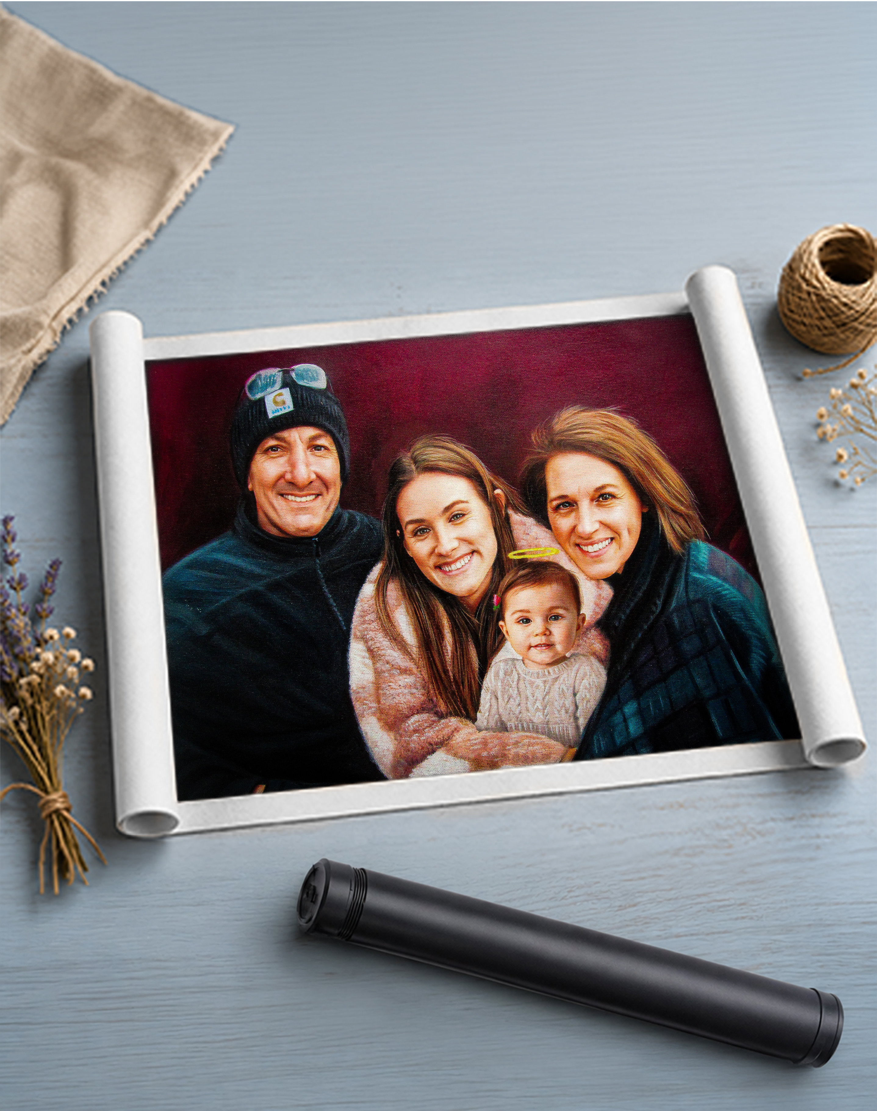 Rolled acrylic portrait of a family with a memorial halo