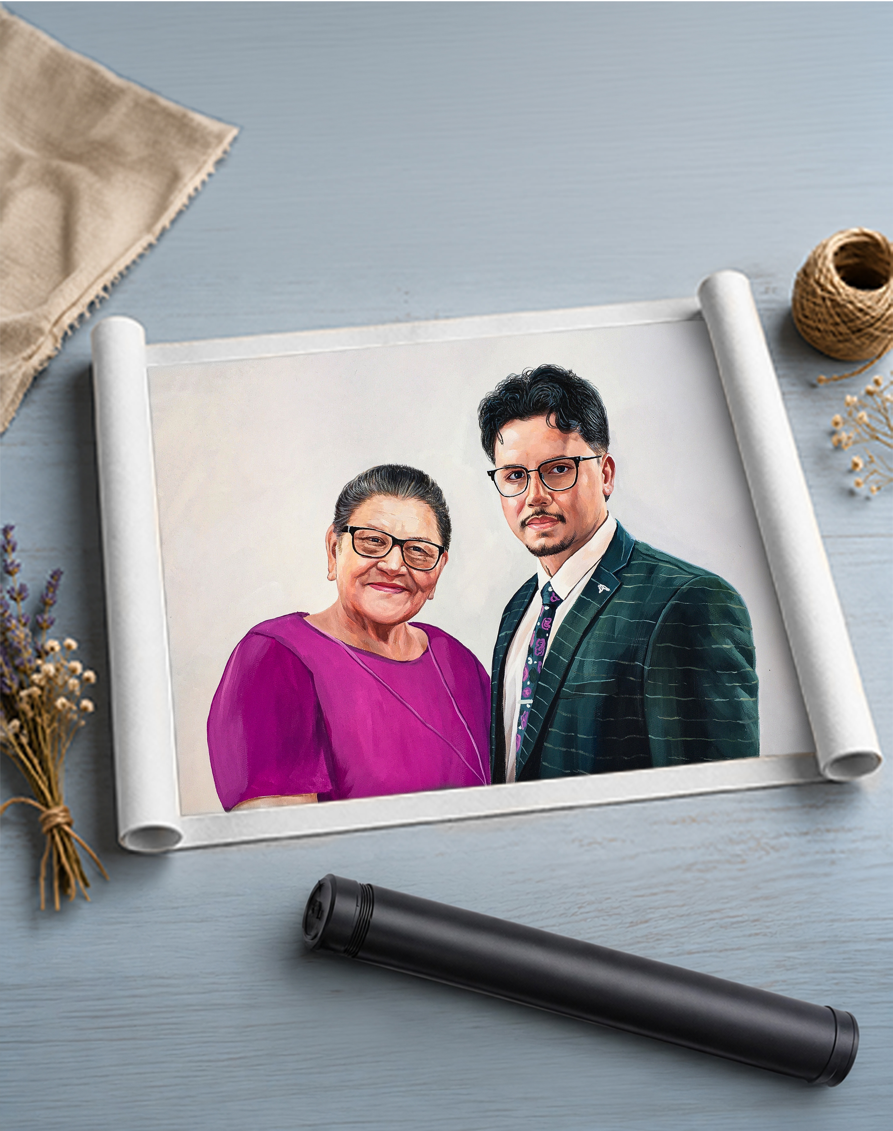 Rolled pastel portrait of a grandmother and grandson